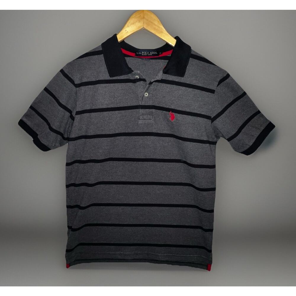U.S. Polo Assn. Men’s Stripe Polo Shirt Golf Gray Black M Cotton Blend Red Logo